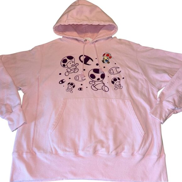 Champion x Super Mario Bros Toad Pink Pullover Hoodie Unisex Size L RARE - Picture 3 of 9